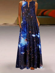 Galaxy Print V Neck Tank Dress Casual Sleeveless Dress For Spring & Summer