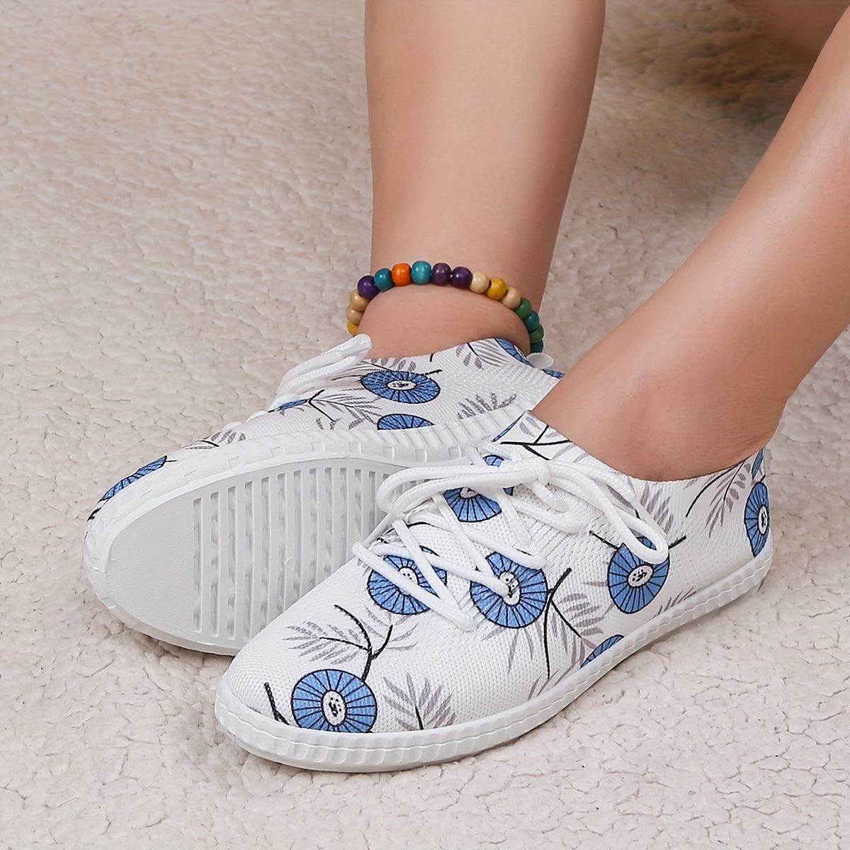 Women's Flower Pattern Sneakers Casual Lace Up Outdoor Shoes