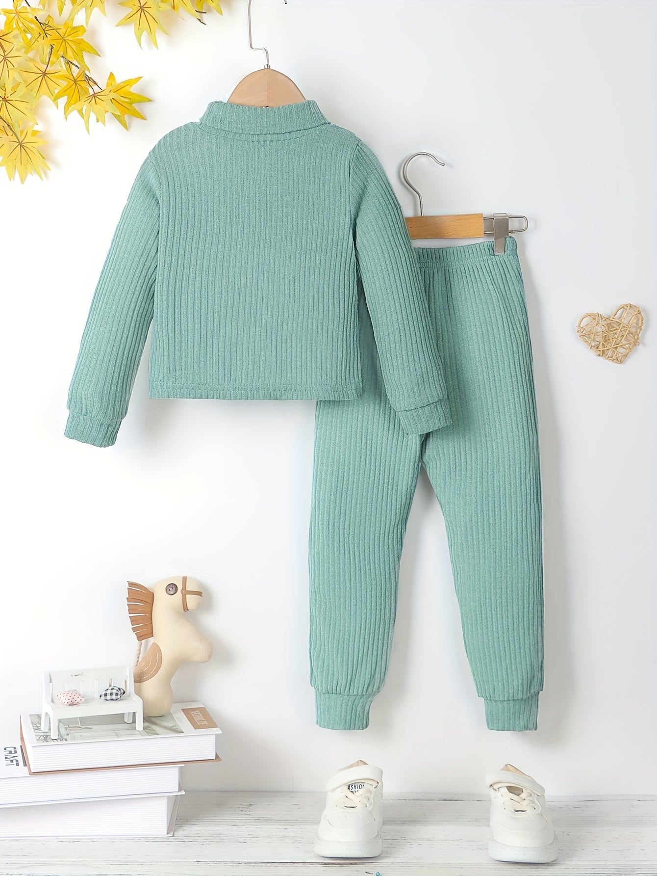 Girl's Solid 2pcs Top & Ribbed Pants Set for Spring Fall