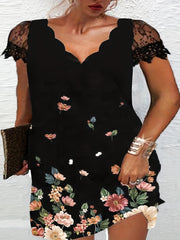 Women's Floral Print Lace Sleeve V Neck Dress