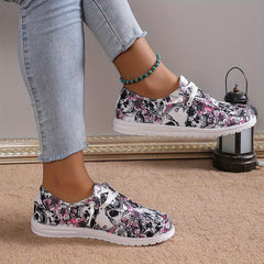 Women's Skull & Flower Print Canvas Shoes Casual Lace Up Outdoor Shoes