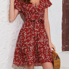 Floral Print Surplice Neck Dress Ruffle Sleeve Belted