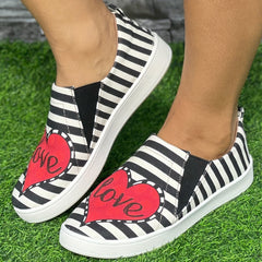 Women's Striped Red Heart Flat Lightweight Walking Shoes