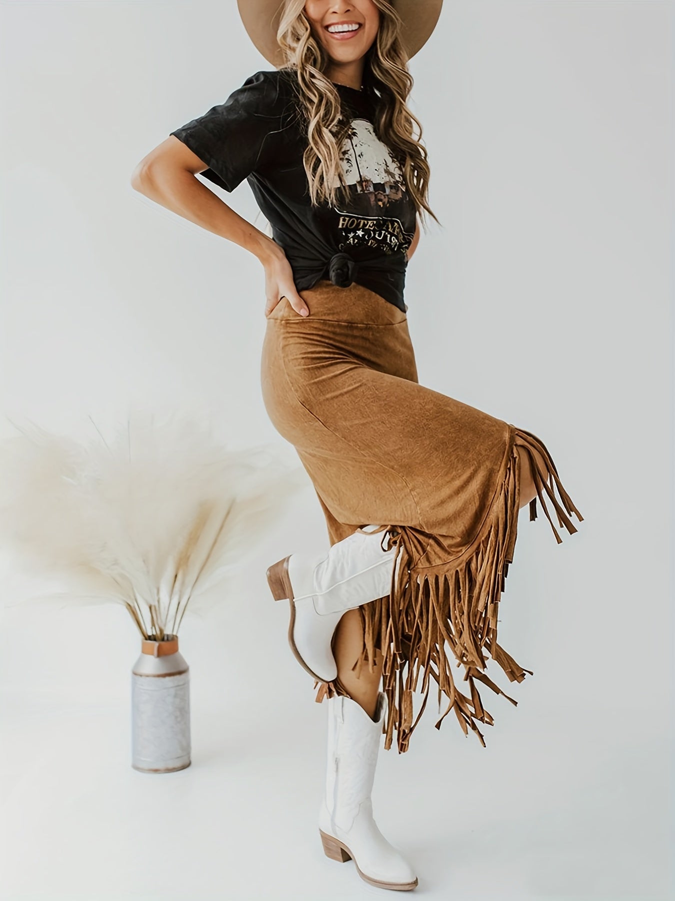 Tassel High Waist Midi Skirt Vintage Style Women's Clothing