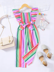 Girls Striped Romper Ruffle Square Neck Jumpsuit With Belt Kids Summer Clothes