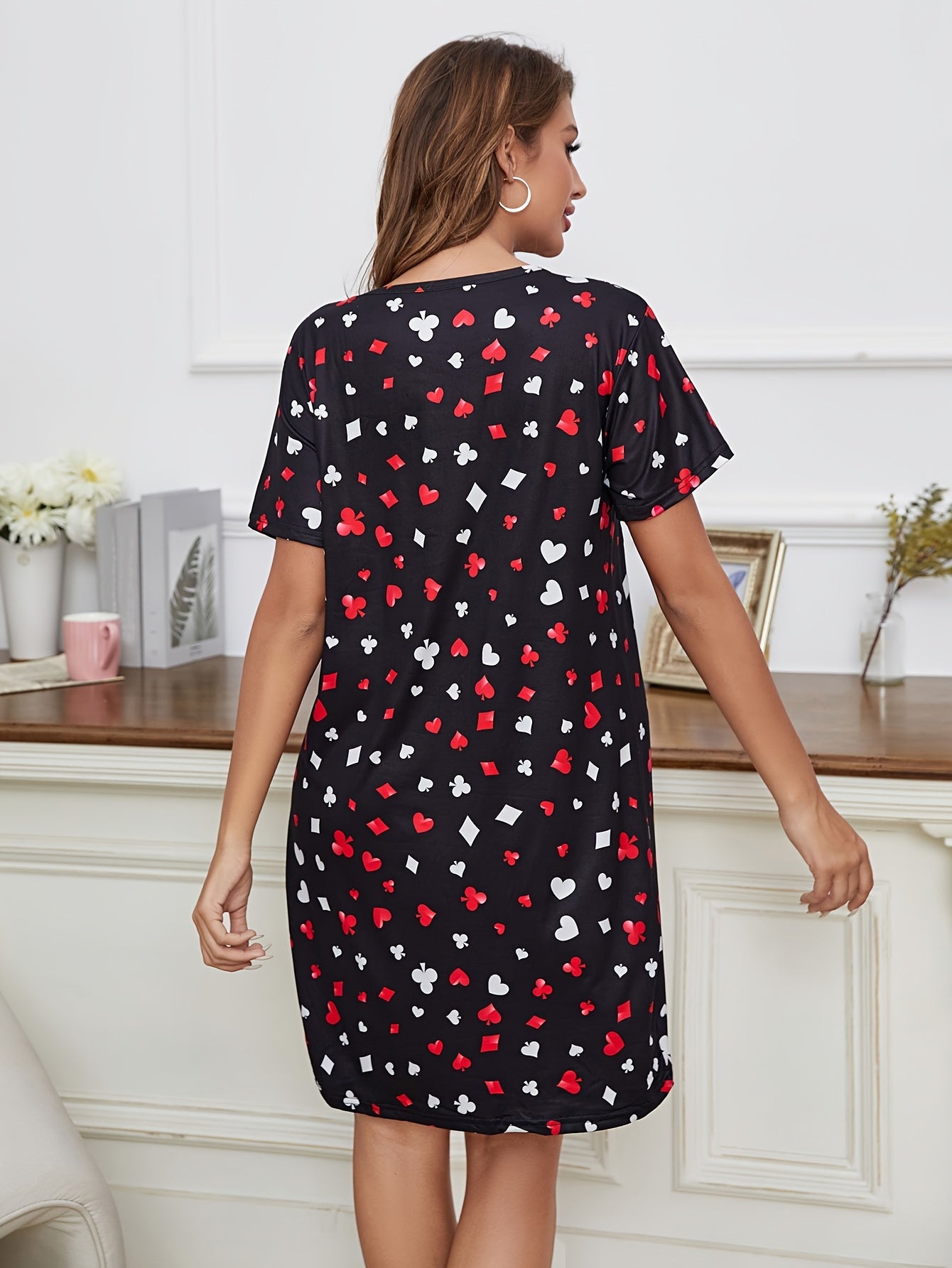 Heart Print Nightdress Short Sleeve Sleep Dress Women's Sleepwear