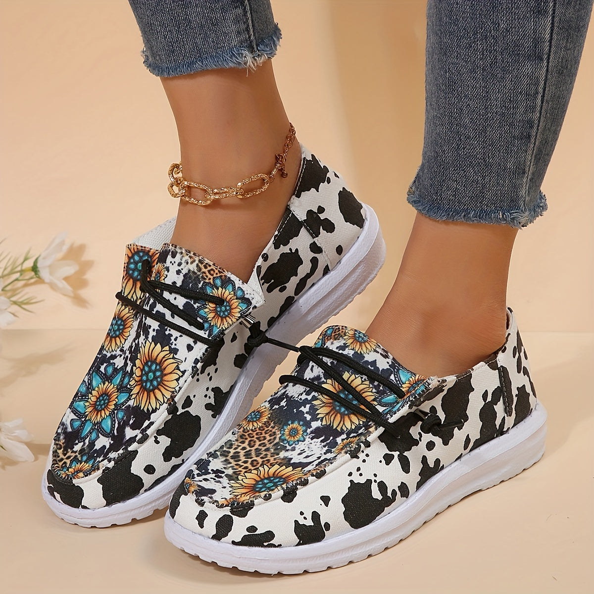Sunflower Pattern Lace up Boat Shoes Low Slip on Flat Shoes Women