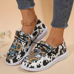 Sunflower Pattern Lace up Boat Shoes Low Slip on Flat Shoes Women
