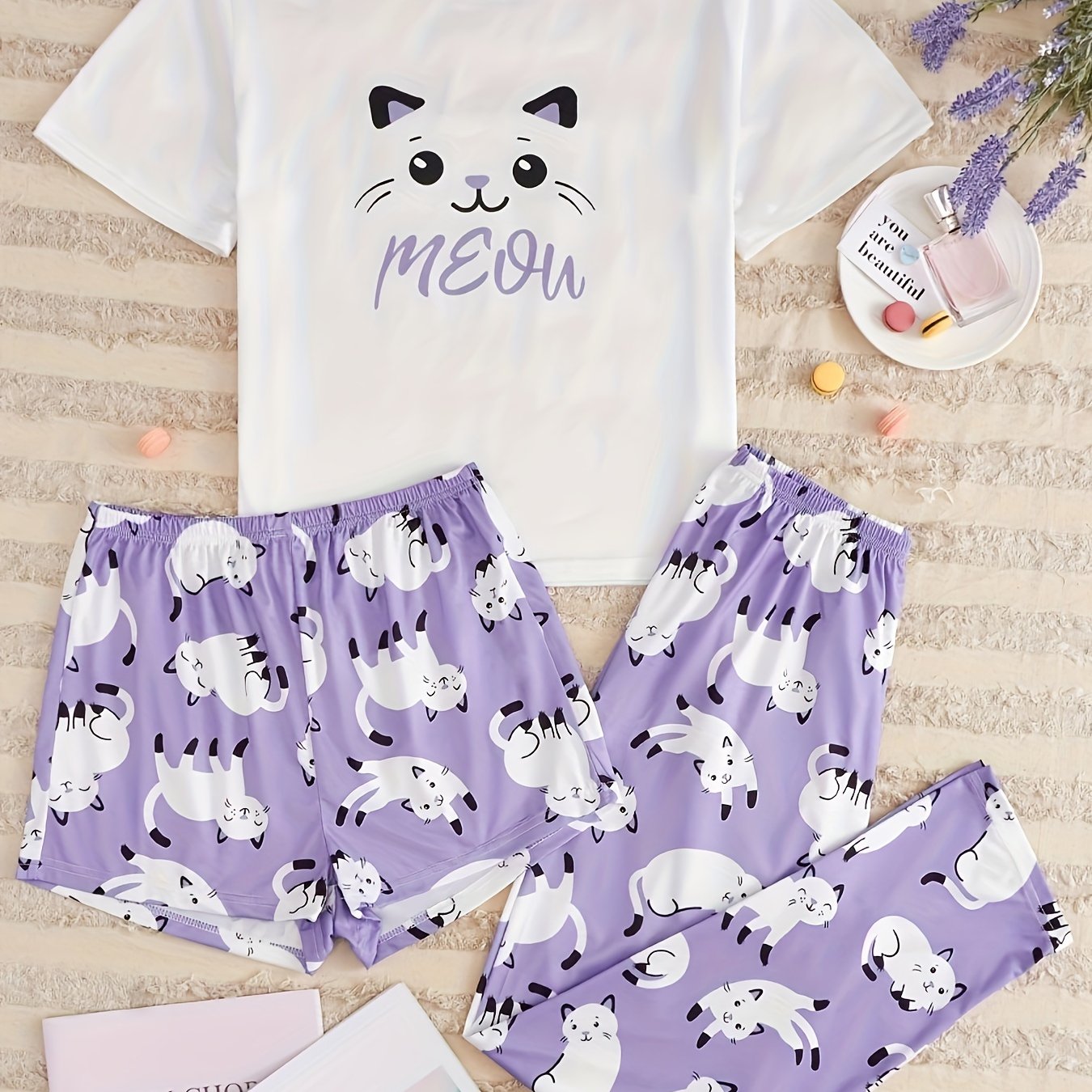 Cat Print Pajamas Set Short Sleeve Top & Shorts & Pants