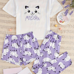 Cat Print Pajamas Set Short Sleeve Top & Shorts & Pants