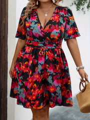 Plus Floral Print Butterfly Sleeve Surplice Neck Mini Dress