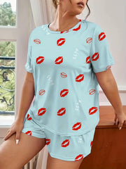 Kiss & Lips Print Tee & Shorts Comfort Loungewear Set