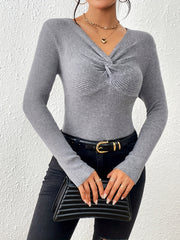 V Neck Twist Front Pullover Sweater Long Sleeve Slim Fit Women's Top