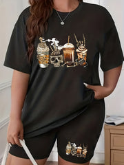 Women's Plus Flag & Motorcycle Print Crew Neck Top & Shorts Set
