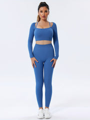 Solid Tight Long Sleeve Top And Leggings Sports Set