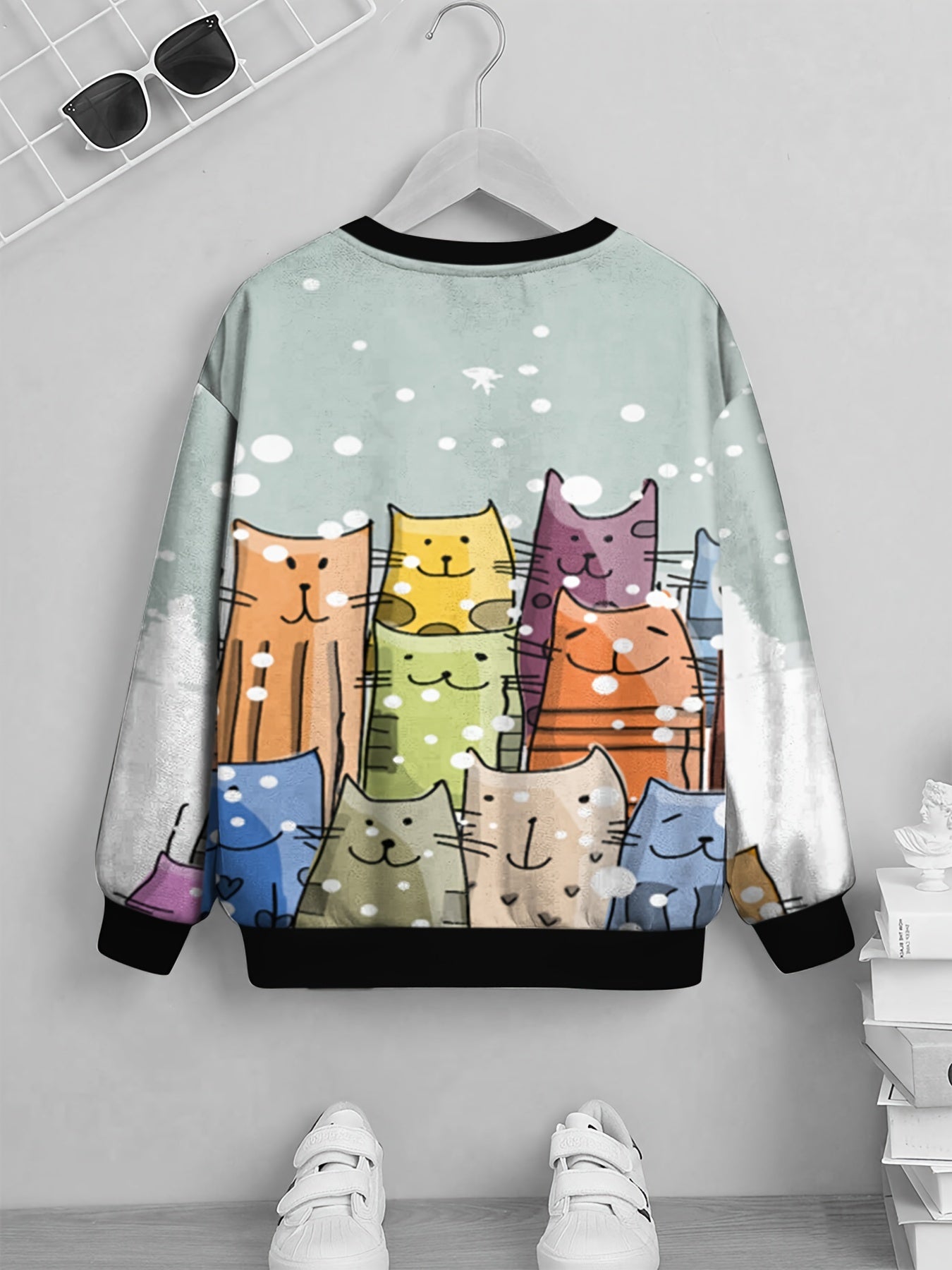 Colorful Cat Print Kid's Sweatshirt Unisex Pullover Causal Long Sleeve Top
