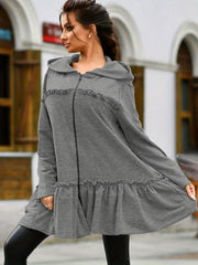 Flared Ruffle Trim Hoodies Zip Up Sweatshirt