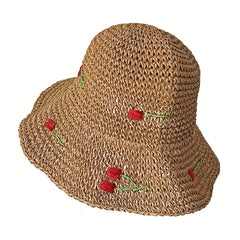Vintage Straw Bucket Hat Cherry Ruffles Sun Hat