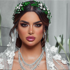 Bridal Wedding Headband with Green Rhinestones and Gemstone Accents