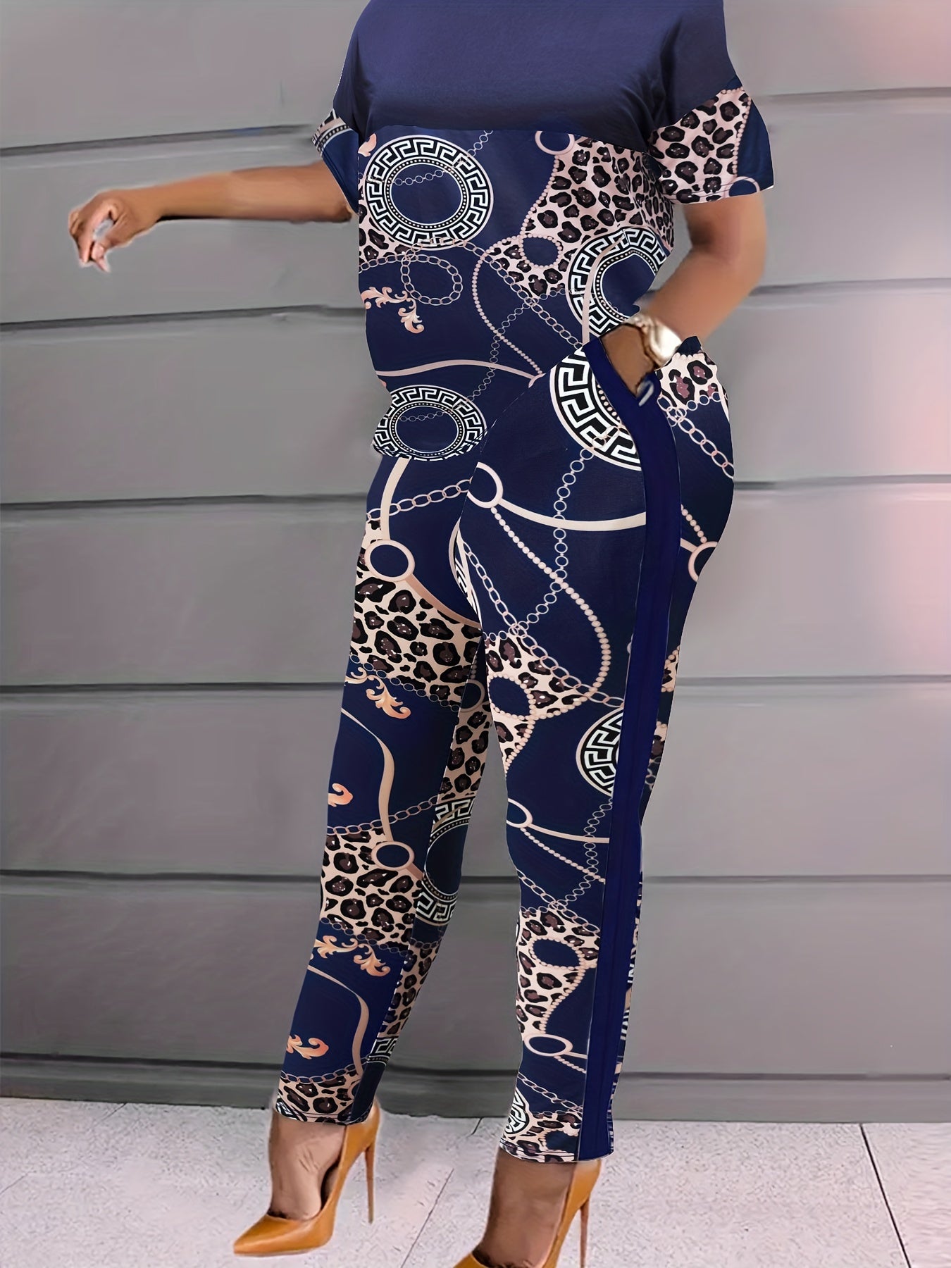 Colorblock Baroque Print Top & Pants Set