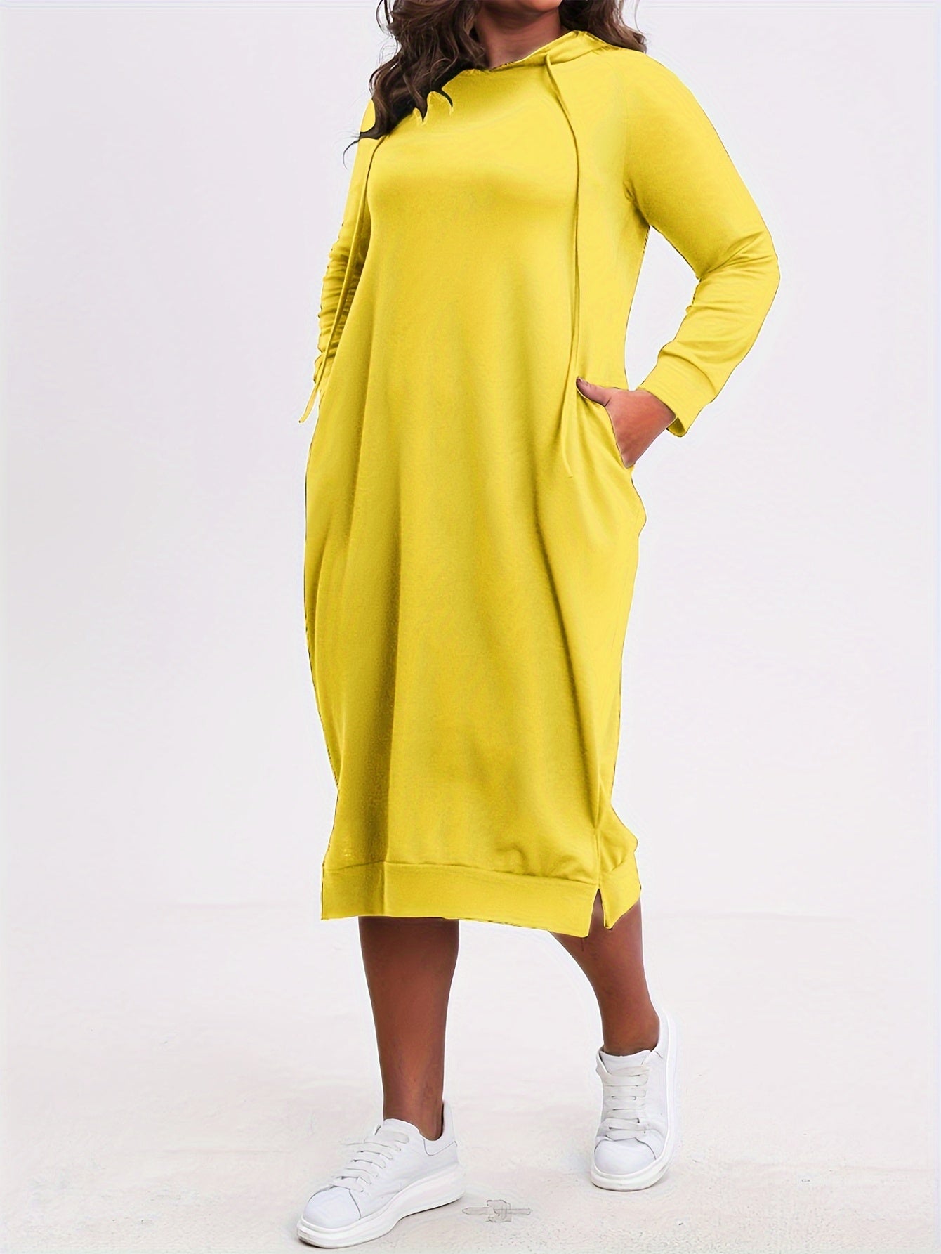Solid Long Sleeve Hoodie Dress With Pockets