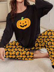 Pumpkin Print Pajama Set Long Sleeve Top & Pants Women's Sleepwear