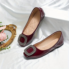 Women's Rhinestone Buckle Flats Square Toe Slip On Shoes