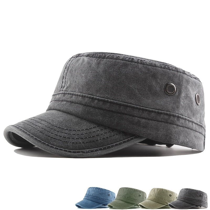 Men's Military Cap Vintage Flat Top Curved Brim Washed Cotton Cadet Army Cap