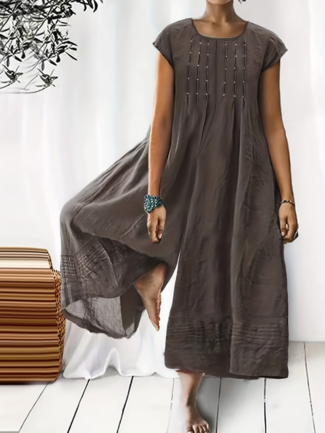 Solid Wide Leg Short Sleeve Jumpsuit Stitching Casual for Spring & Summer