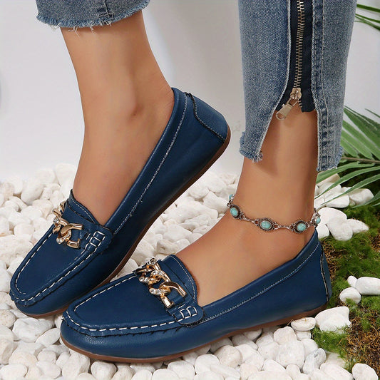 Women's Chain Decor Flat Shoes Casual Slip On Faux Leather Loafers