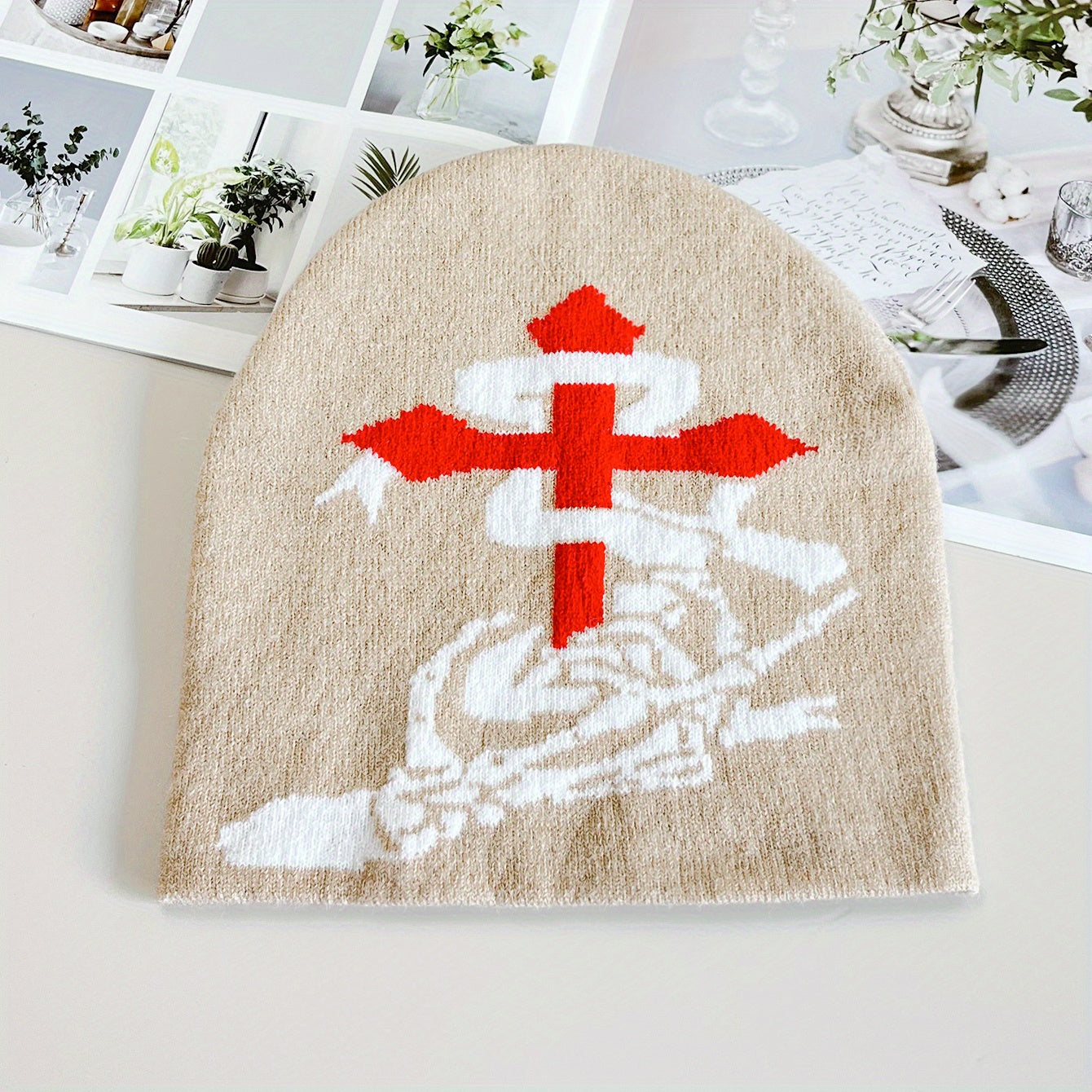 Skull Snake Cross Jacquard Beanie Soft Elastic Knit Hat Khaki