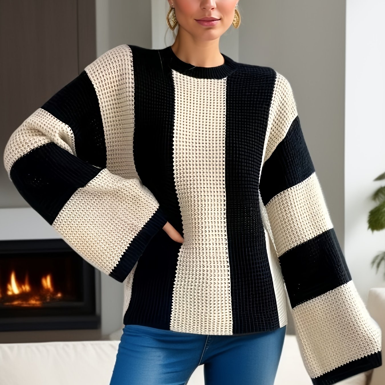 Casual Sweater Women's Plus Stripe Print Waffle Long Sleeve