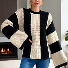 Casual Sweater Women's Plus Stripe Print Waffle Long Sleeve