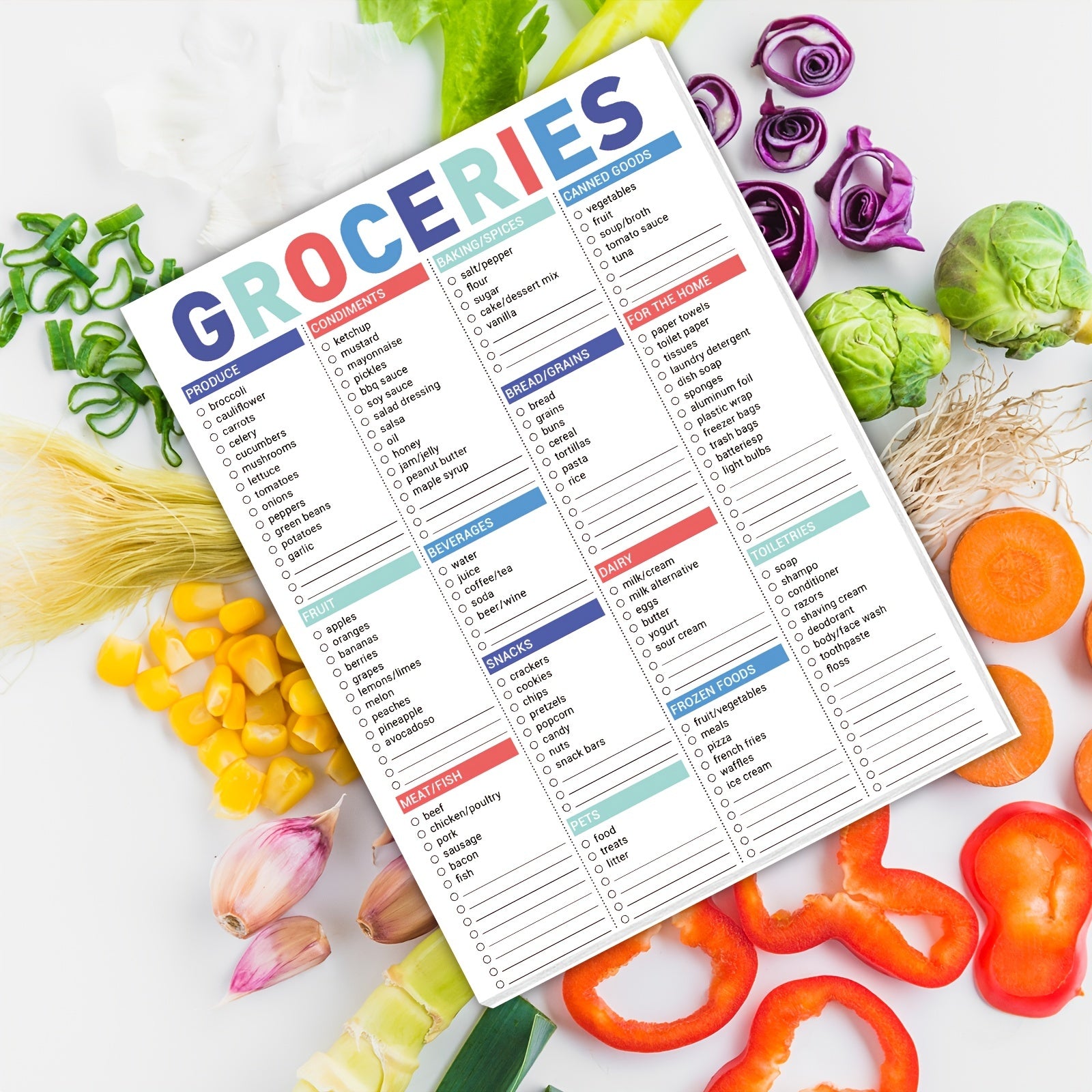 Magnetic Grocery List Pad with Common Food Items & Blank Shopping Spaces