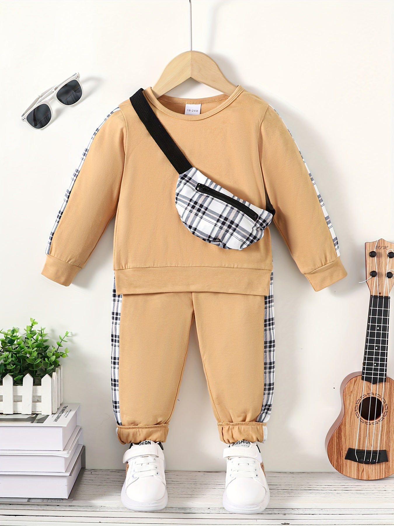 Plaid Pattern Toddler Boy's 3pcs Sweatshirt & Crossbody Bag & Sweatpants Set