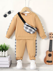 Plaid Pattern Toddler Boy's 3pcs Sweatshirt & Crossbody Bag & Sweatpants Set