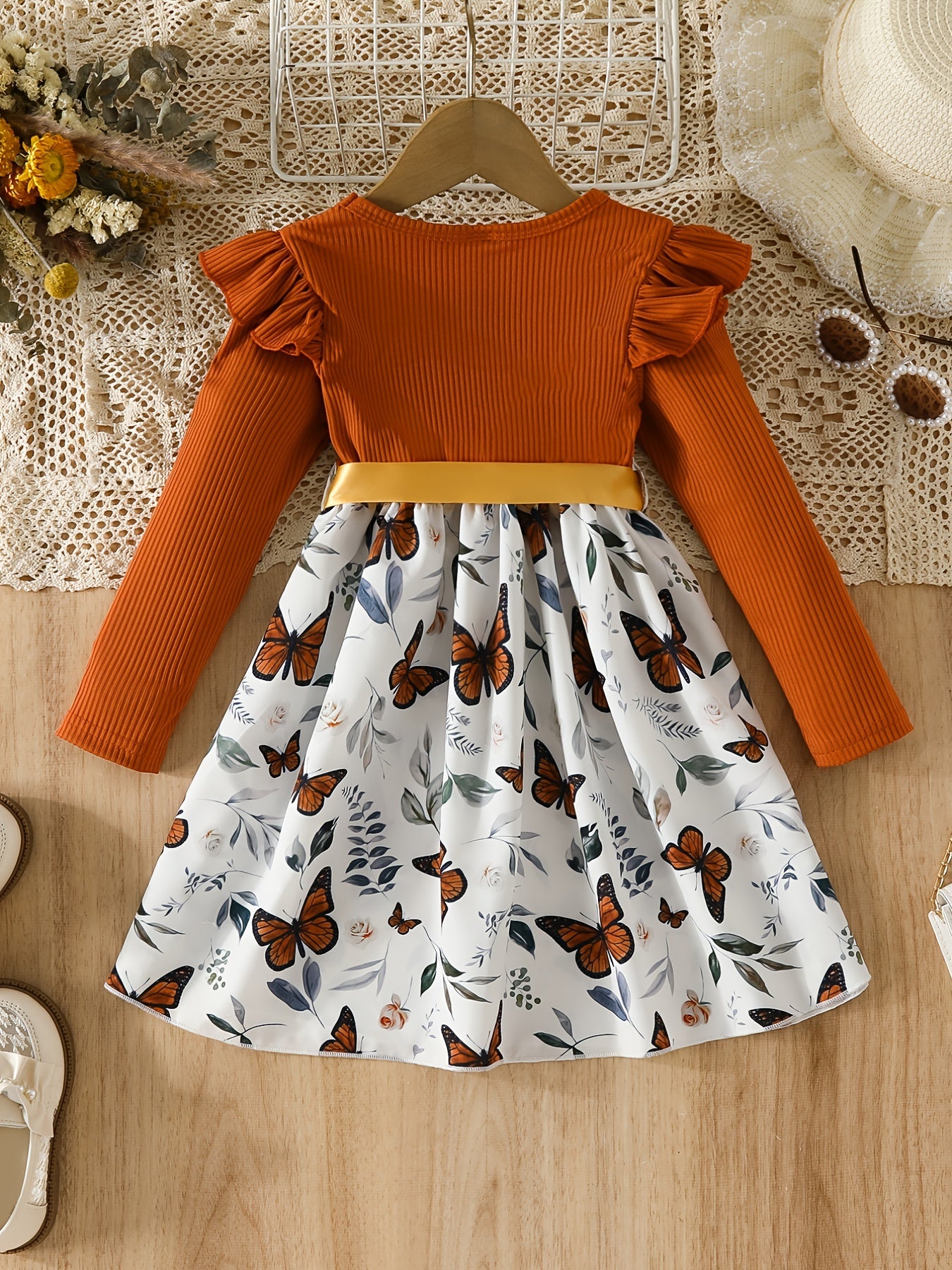 Girls' Butterfly Graphic Ribbed Long Sleeve Dress