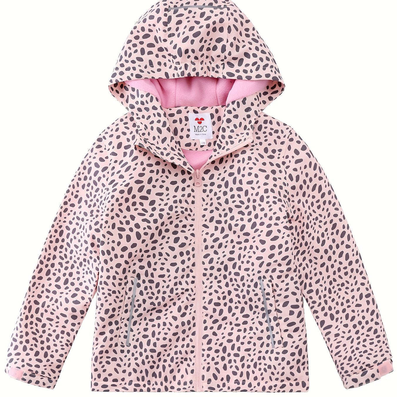 Girls Leopard Print Hooded Jacket Waterproof Windproof Fleece Lining