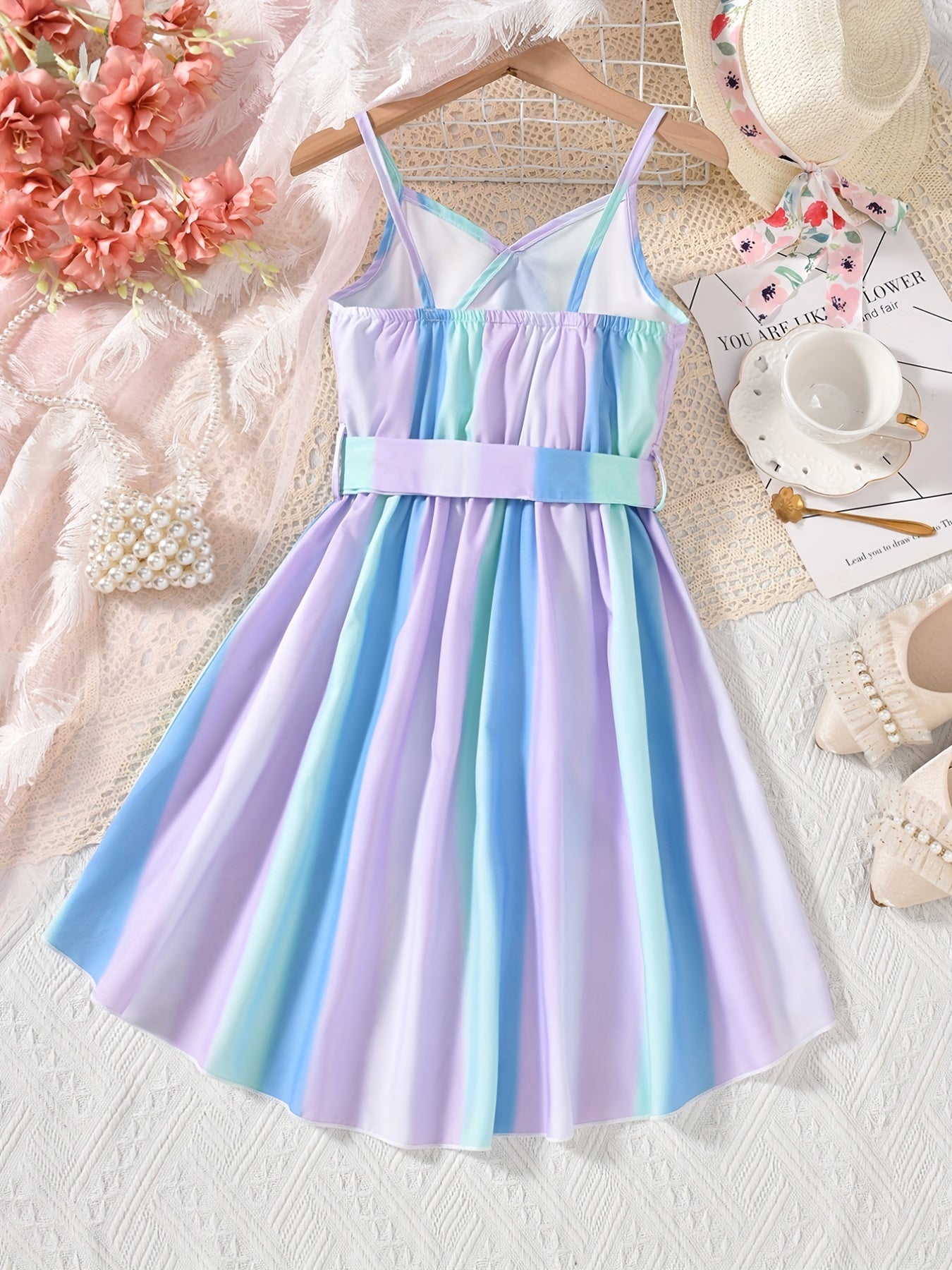 Girls' Rainbow V-Neck Dress High Low Belted Cami for Vacation Summer