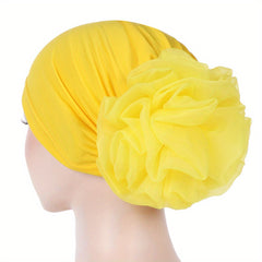 Satin Plate Flower Turban Cap Elastic Head Wrap Solid Ramadan Scarf for Women