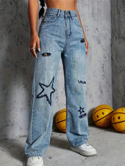 Star Letter Embroidery High Rise Straight Jeans