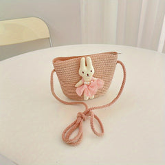 Girls Rabbit Flower Straw Bag Crossbody Bag Messenger Bag Coin Purse