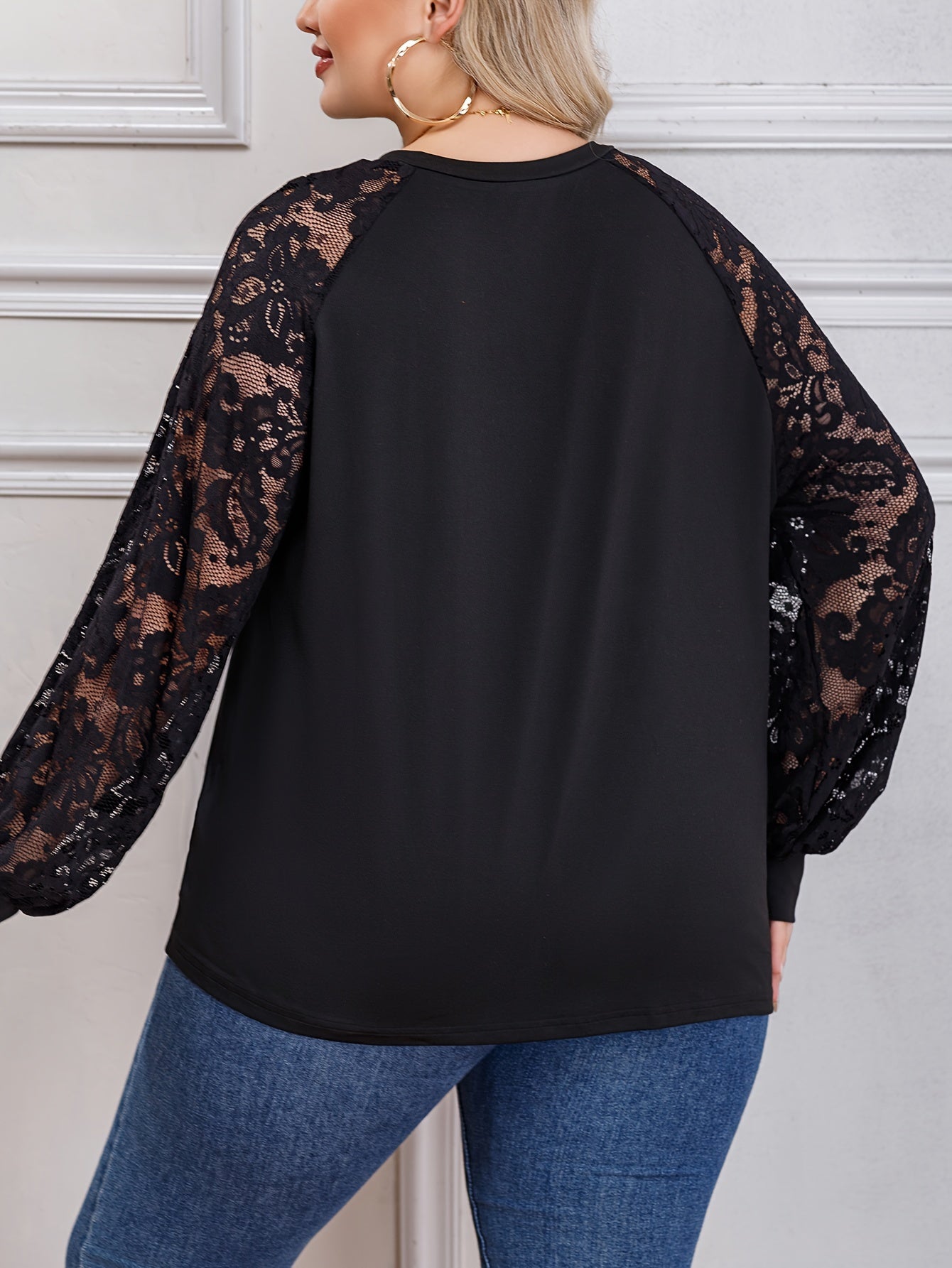 Casual Blouse Women's Plus Solid Contrast Lace Long Sleeve