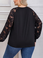 Casual Blouse Women's Plus Solid Contrast Lace Long Sleeve