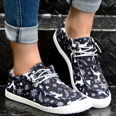 Women's Christmas Deer Sneakers Lace Up Flat Casual Shoes