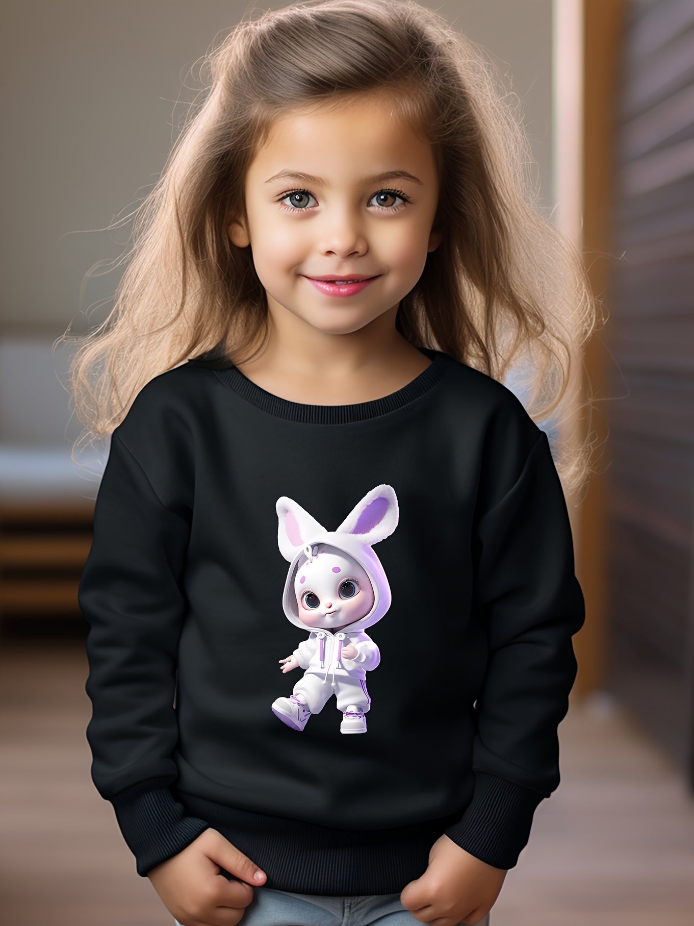 Girls Rabbit Pattern Crew Neck Long Sleeve Sweatshirt
