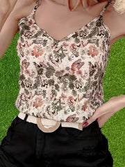 Floral Print V neck Cami Top Sexy Spaghetti Strap Top For Summer