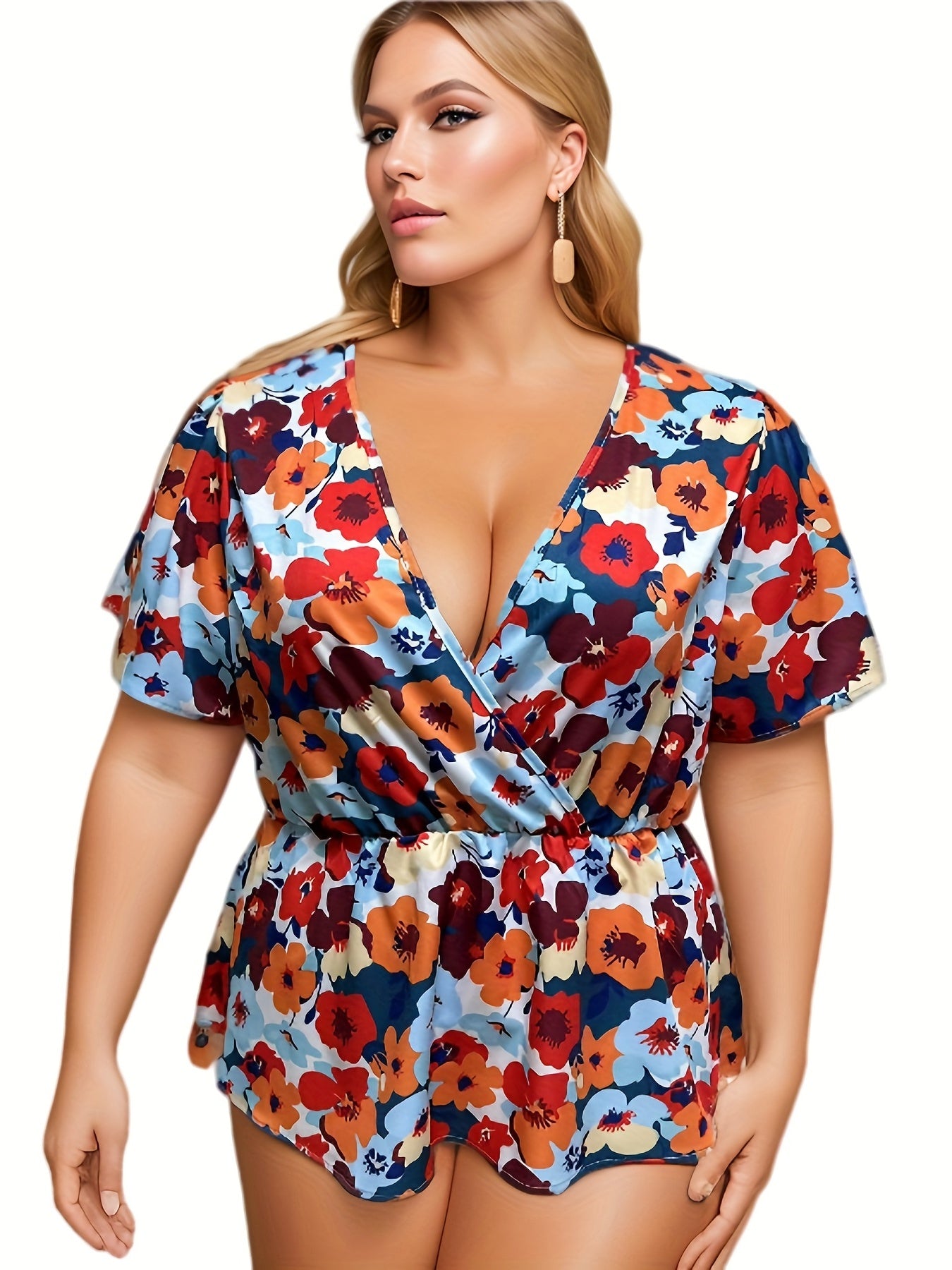 Plus Floral Print Ruffle Sleeve Blouse