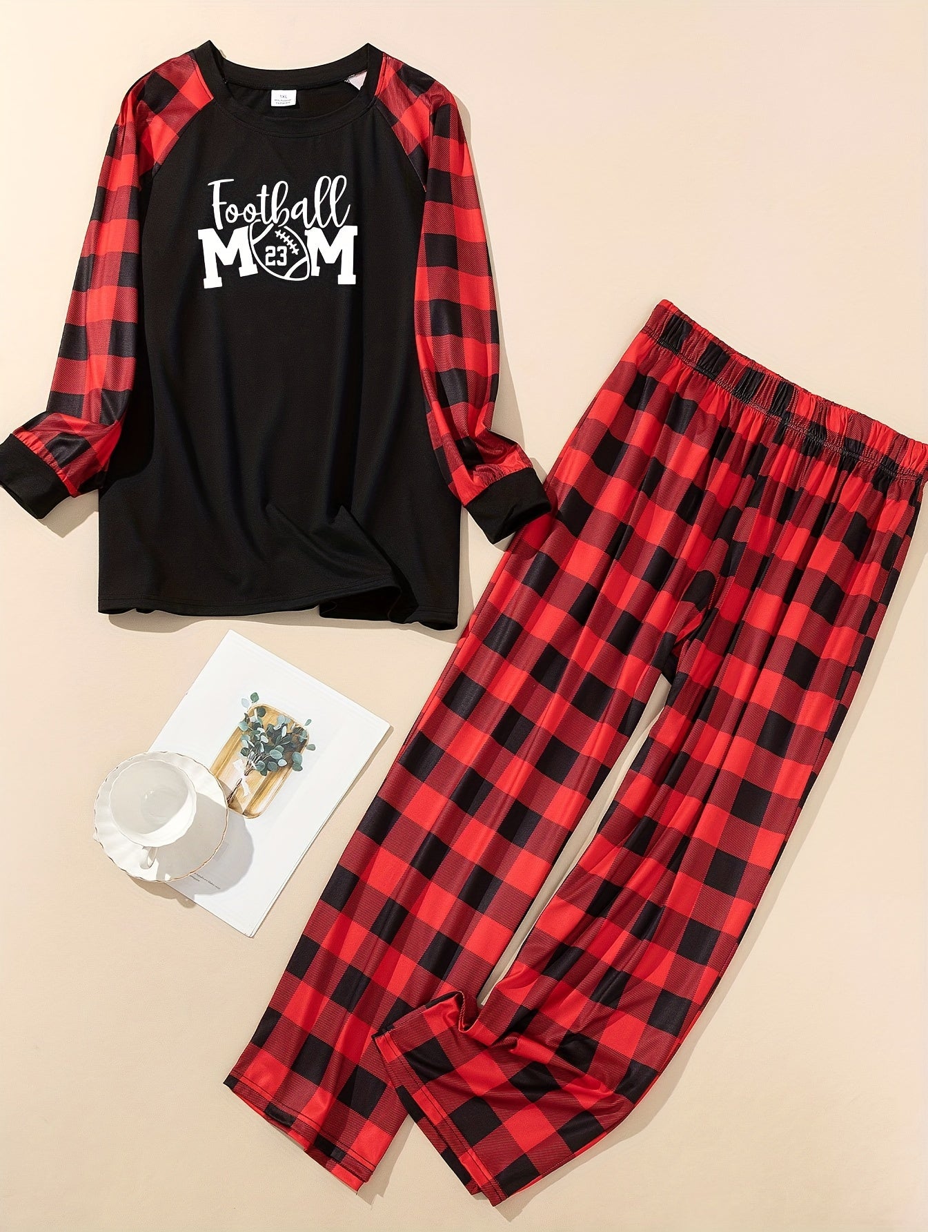 Women's Plus Size Sporty Lounge Set Rugby Print Tee & Pants Pajamas Set