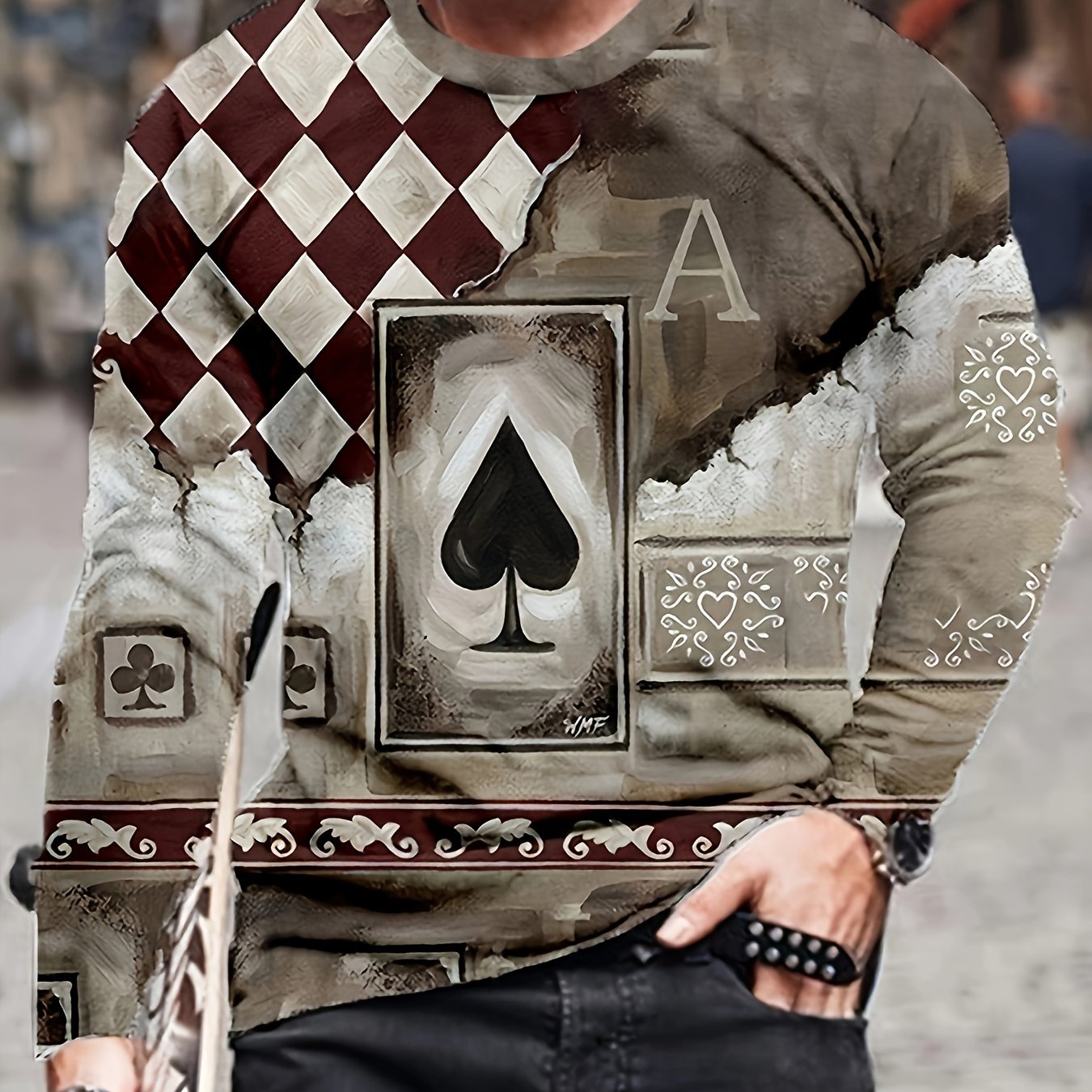Men's 3D Poker Card Graphic Long Sleeve T shirt Casual Breathable Pullover Top